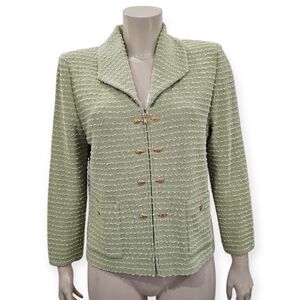 ST. JOHN Collection Textured Green Cream Front Zip Jacket 10
